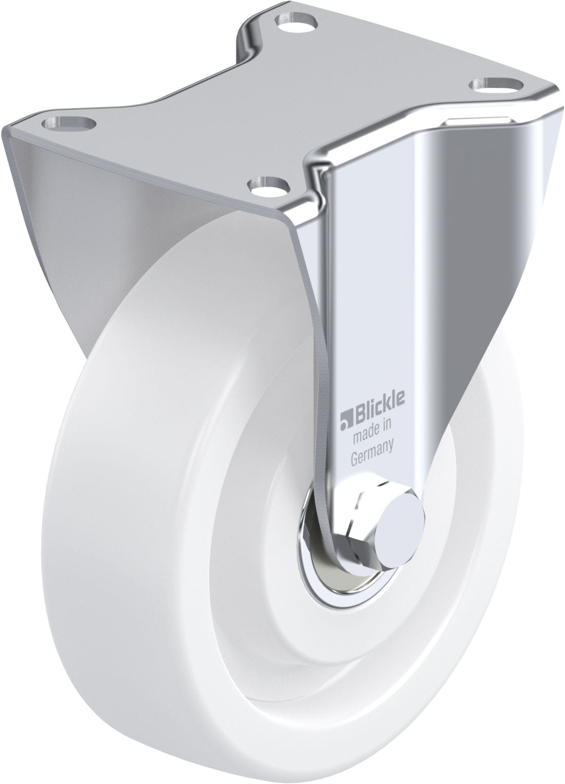 Blickle BK-SPO 125K-1 fast nylonhjul 125 mm med platefeste, naturhvitt nylonhjul og forzinket stålgaffel