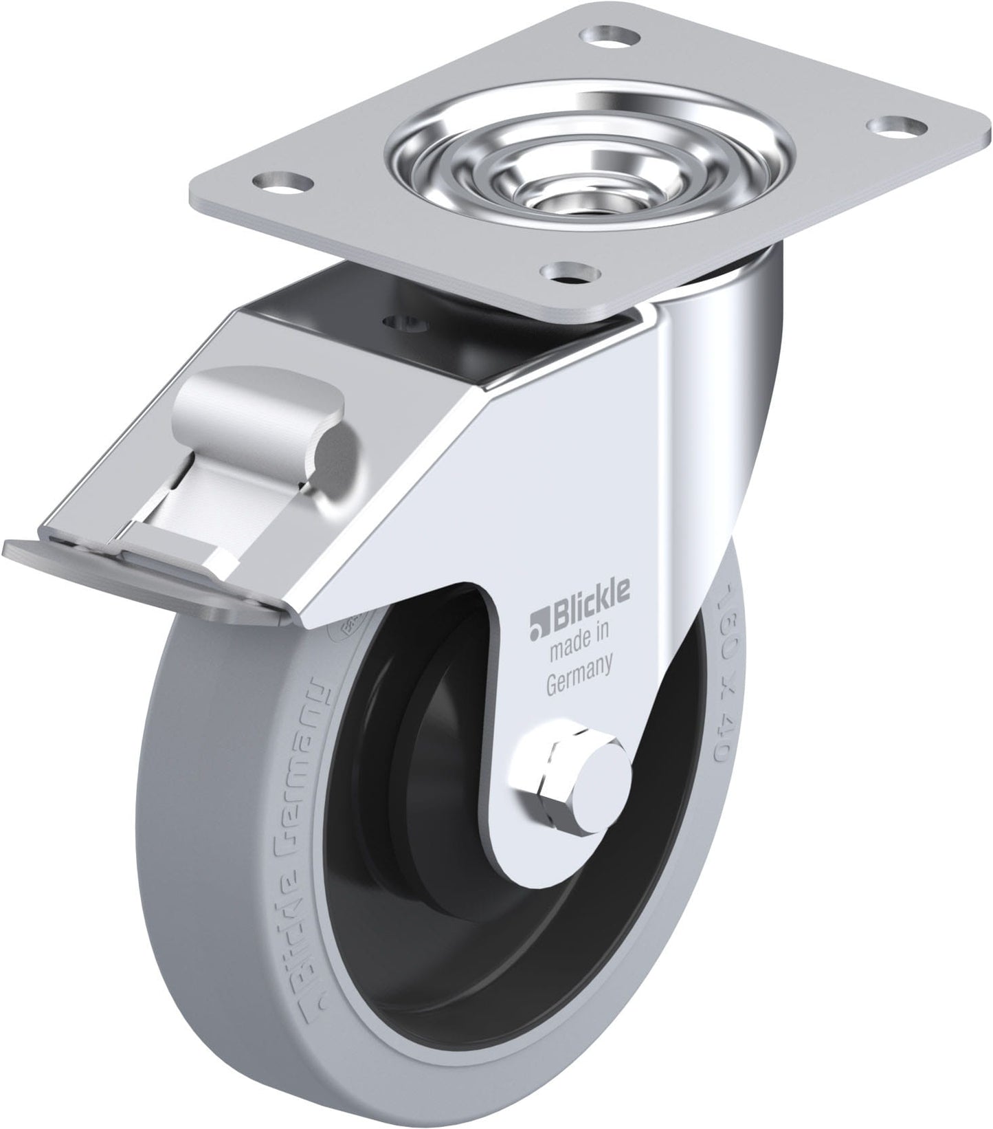 Blickle LE-POEV 161KA-FI-SG svingbart gummihjul 160 mm med totalbrems og platefeste