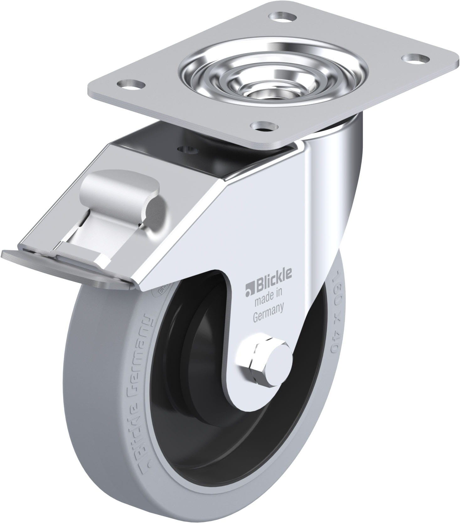 Blickle LE-POEV 161KA-FI-SG svingbart gummihjul 160 mm med totalbrems og platefeste
