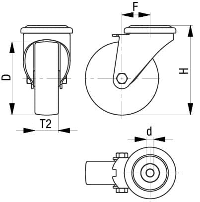 Målskisse – Blickle LKRA-TPA 101KF-FI, svingbart hjul 100 mm med senterhullfeste